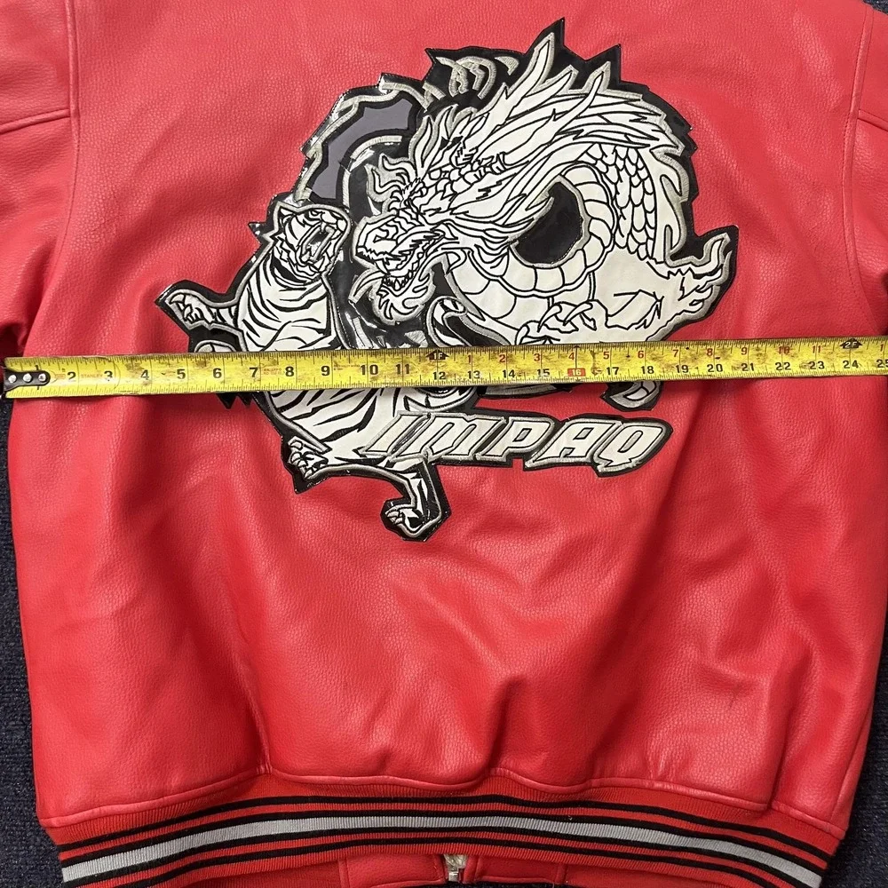 Y2K‎ IMPAQ Hip Hop Jacket Mens Large Red Faux Leather Dragon Tiger Bomber Tattoo